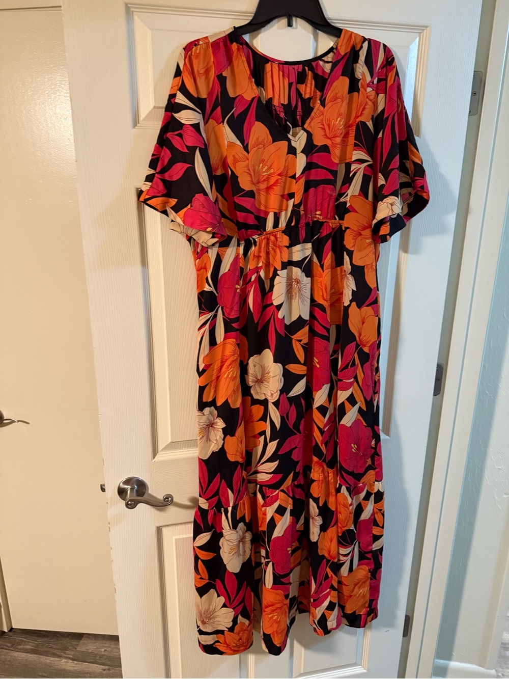 Floral Maxi Dress in Black with Orange & Pink Blooms